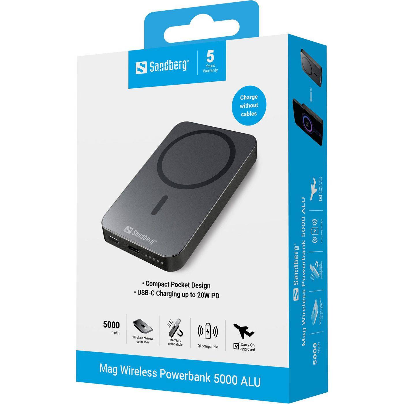 Sandberg Magnet Wireless Powerbank 5000mAh ALU is een superslimme powerbank met meerdere oplaadfuncties-4