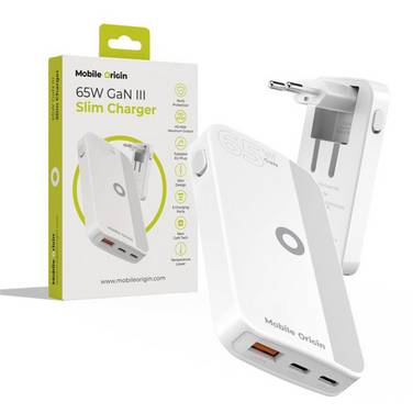 Mobile Origin 65W GaN Slim dual USB-C single USB-A, wit
