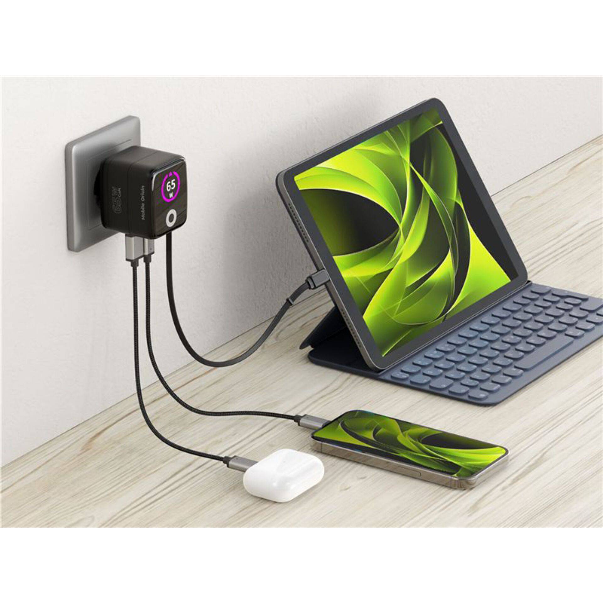 Mobile Origin 65W GaN-oplader PW3 USB-C-kabel (65 cm) + USB-A-4