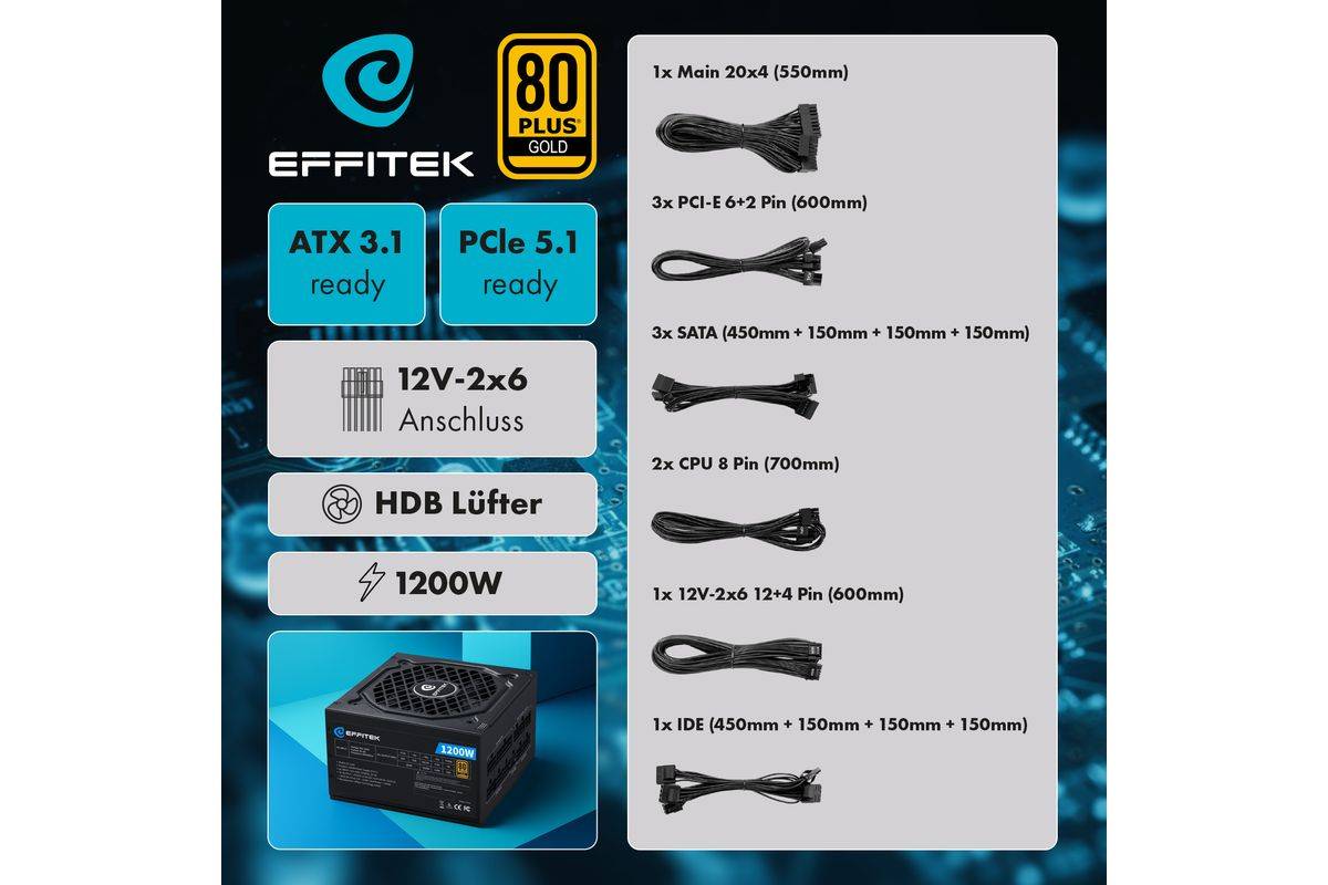 EFFITEK Voeding 1200W Gold ATX 3.1, PCI 5.1 Modulaire Kabel-1