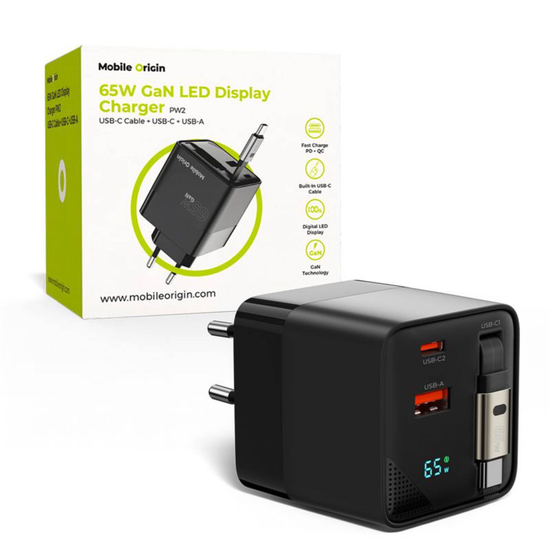 Mobile Origin 65W GaN-oplader met USB-C-kabel (verlengkabel) en USB-A-kabel (75 cm).-0