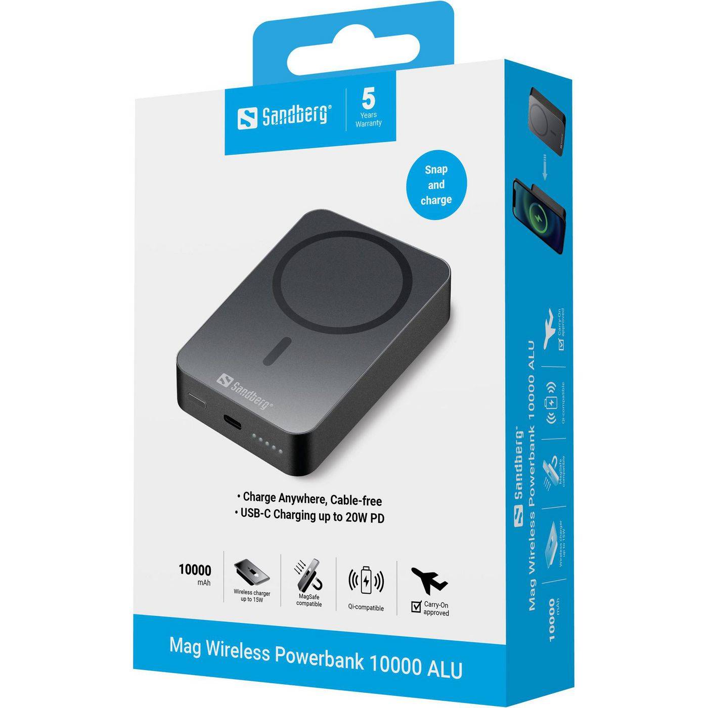 Sandberg Magnet Wireless Powerbank 10000mAh ALU is een superslimme powerbank met meerdere oplaadfuncties-4