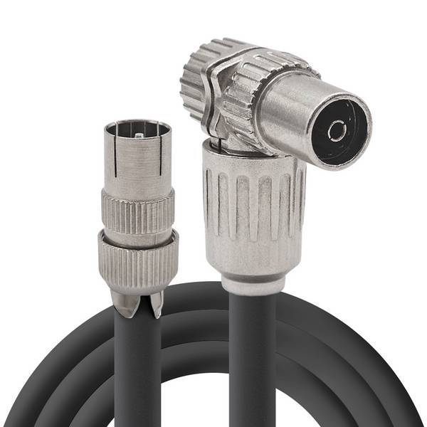 Coaxkabel TV 7.5m - RG6 75Ω massief koper - Male recht naar Female haaks - Dubbel afgeschermd - Zwart - IP44
