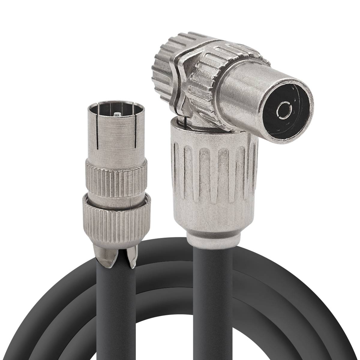 Coaxkabel TV 7.5m - RG6 75Ω massief koper - Male recht naar Female haaks - Dubbel afgeschermd - Zwart - IP44-0