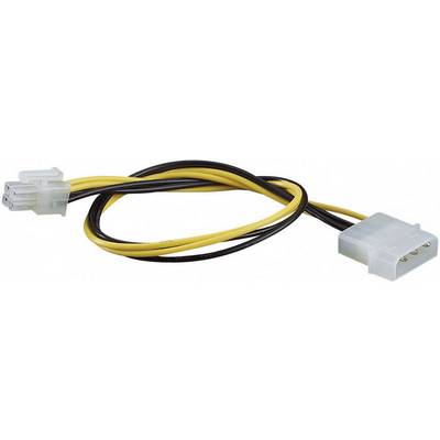 Een 4-polige Molex-naar-6-polige PCIe-adapterkabel wordt getoond, die wordt gebruikt voor de stroomvoorziening van grafische kaarten vanuit een voeding.