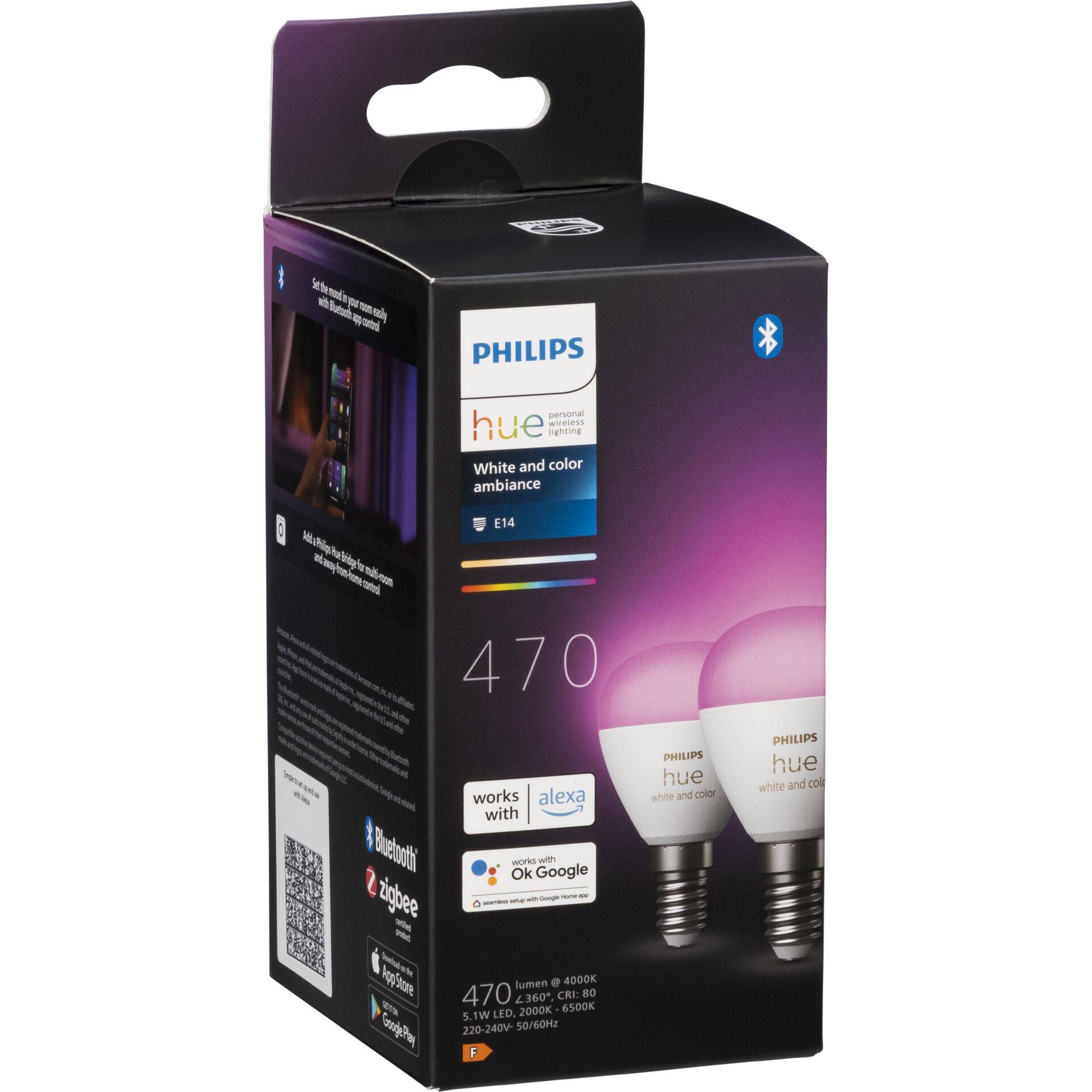 Philips Hue LED Luster E14 2 stuks 5,1W 470lm Witte kleur Ambi. BT-1