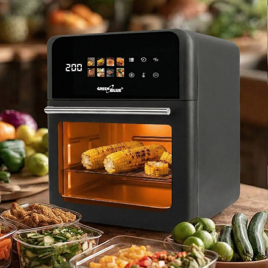 GreenBlue AIR FRYER Olievrije heteluchtfriteuse, 1800W, 10L inhoud, 8 programma's, accessoires, timer, GB950-6