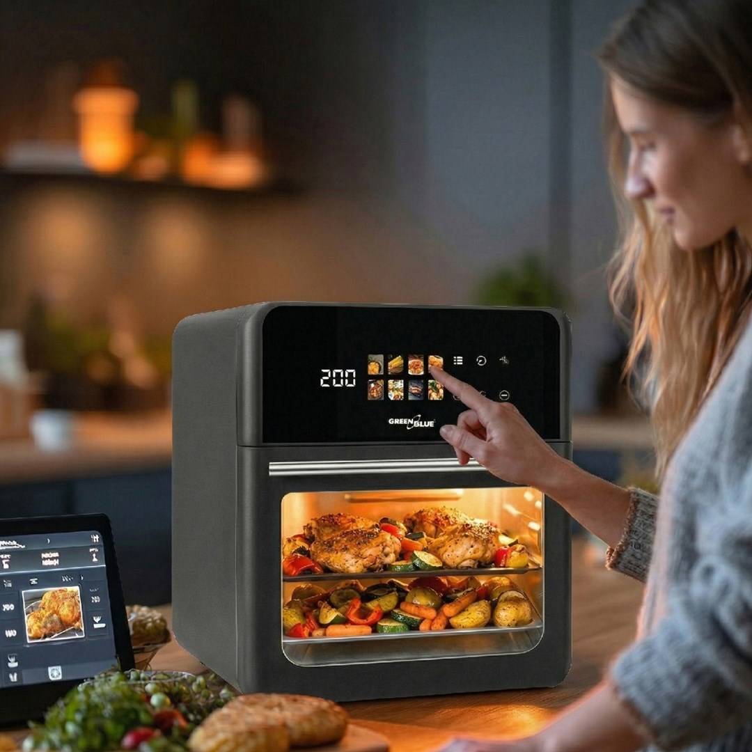 GreenBlue AIR FRYER Olievrije heteluchtfriteuse, 1800W, 10L inhoud, 8 programma's, accessoires, timer, GB950-1