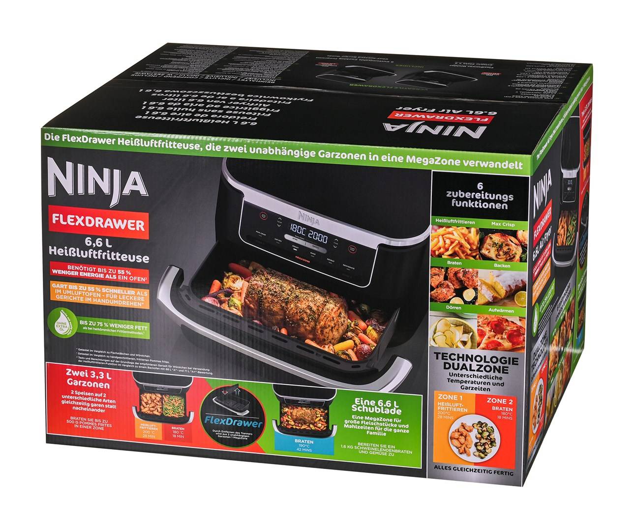 Ninja AF550EU heteluchtfriteuse, dubbel, 6,6 liter, vrijstaand, 2470 W, zwart, zilver-3