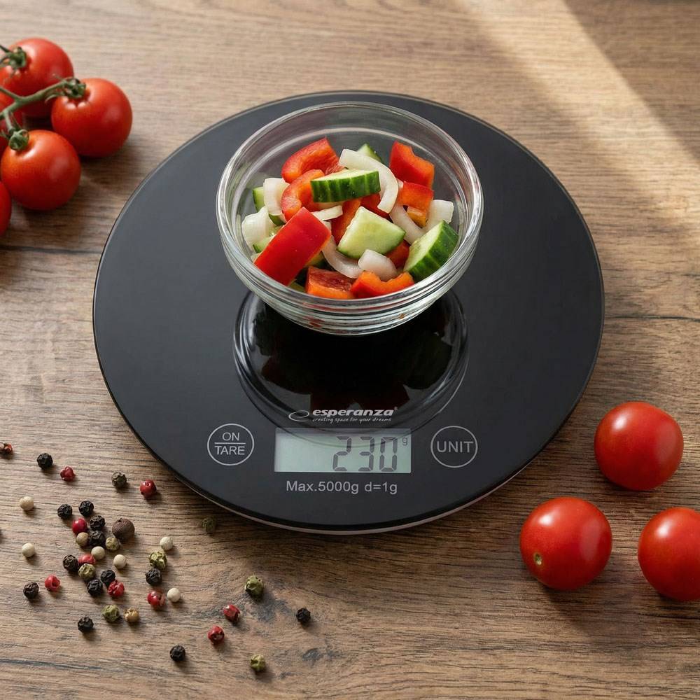 Esperanza EKS003K keukenweegschaal, zwart, rond, voor op het aanrecht, elektronische keukenweegschaal-5