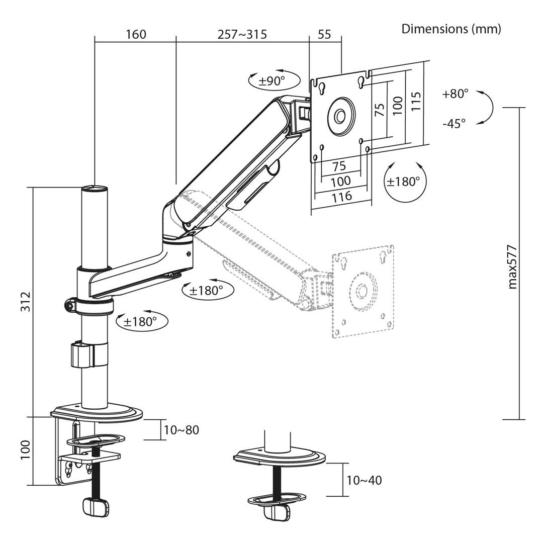 Ergo bureaumonitorbeugel/ophanging, gasveer, 17"-32", 1-10 kg, matzwart, max. VESA 100x100, ER-691 B-3