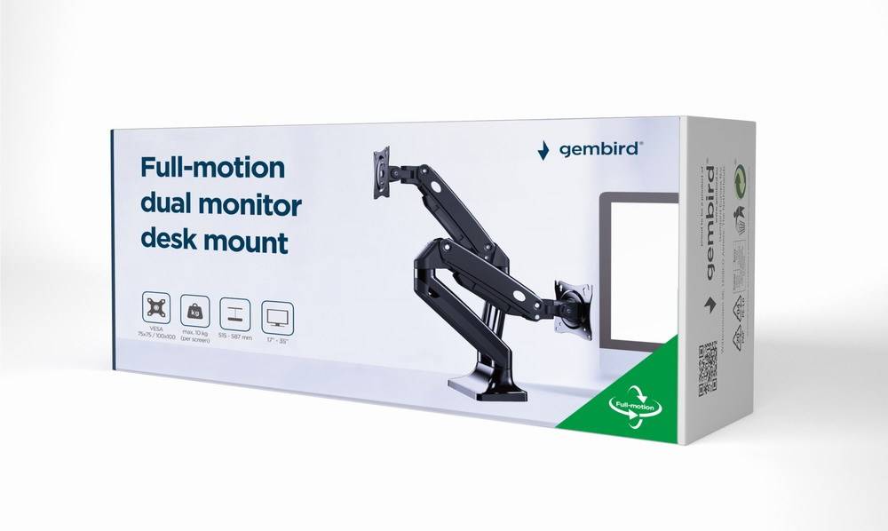 Full-motion dubbele monitorarm met gasveer, 17”-35”-6