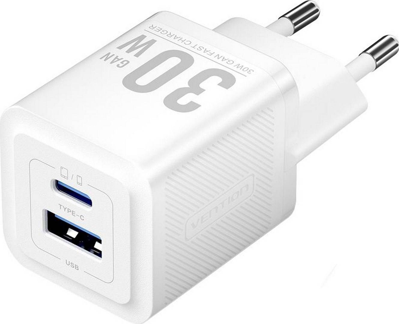 Vention 30W - oplader met GaN-technologie, 1x USB-A, 1x USB-C (wit)-0