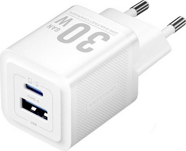 Vention 30W - oplader met GaN-technologie, 1x USB-A, 1x USB-C (wit)