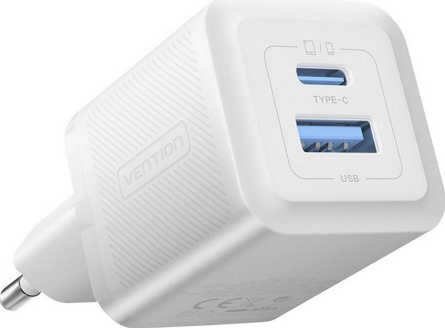 Vention 30W - oplader met GaN-technologie, 1x USB-A, 1x USB-C (wit)-1