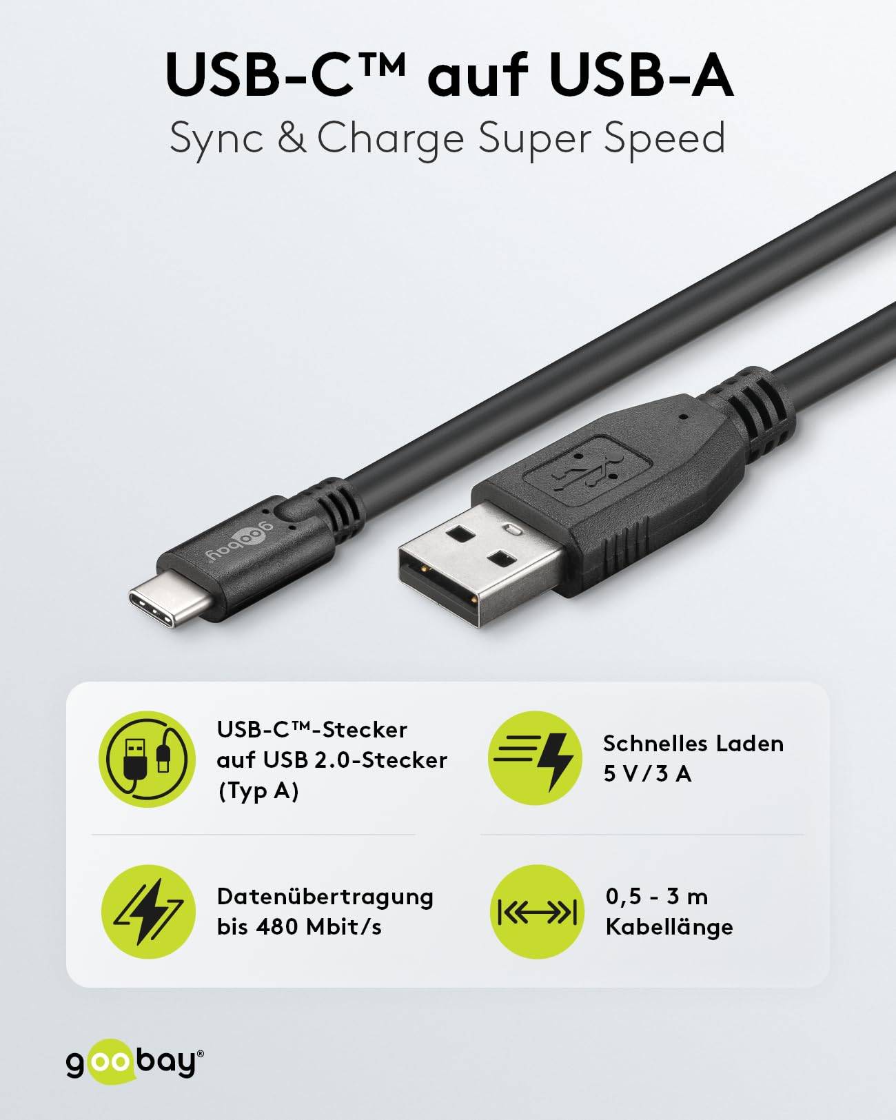 Goobay USB-C - USB-A kabel | USB2.0 | QC 18W | zwart | 1,8 meter-1