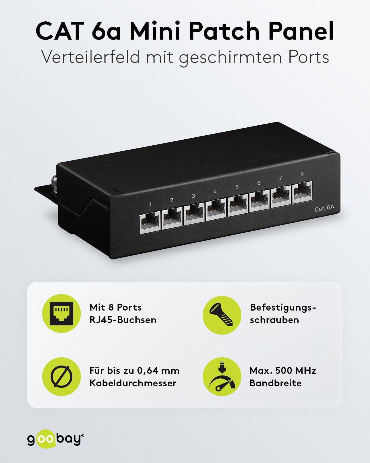 Goobay CAT 6a Mini/Desktop Patch Panel, 8 Port, (1 HE) STP geschirmt, schwarz Schwarz-1