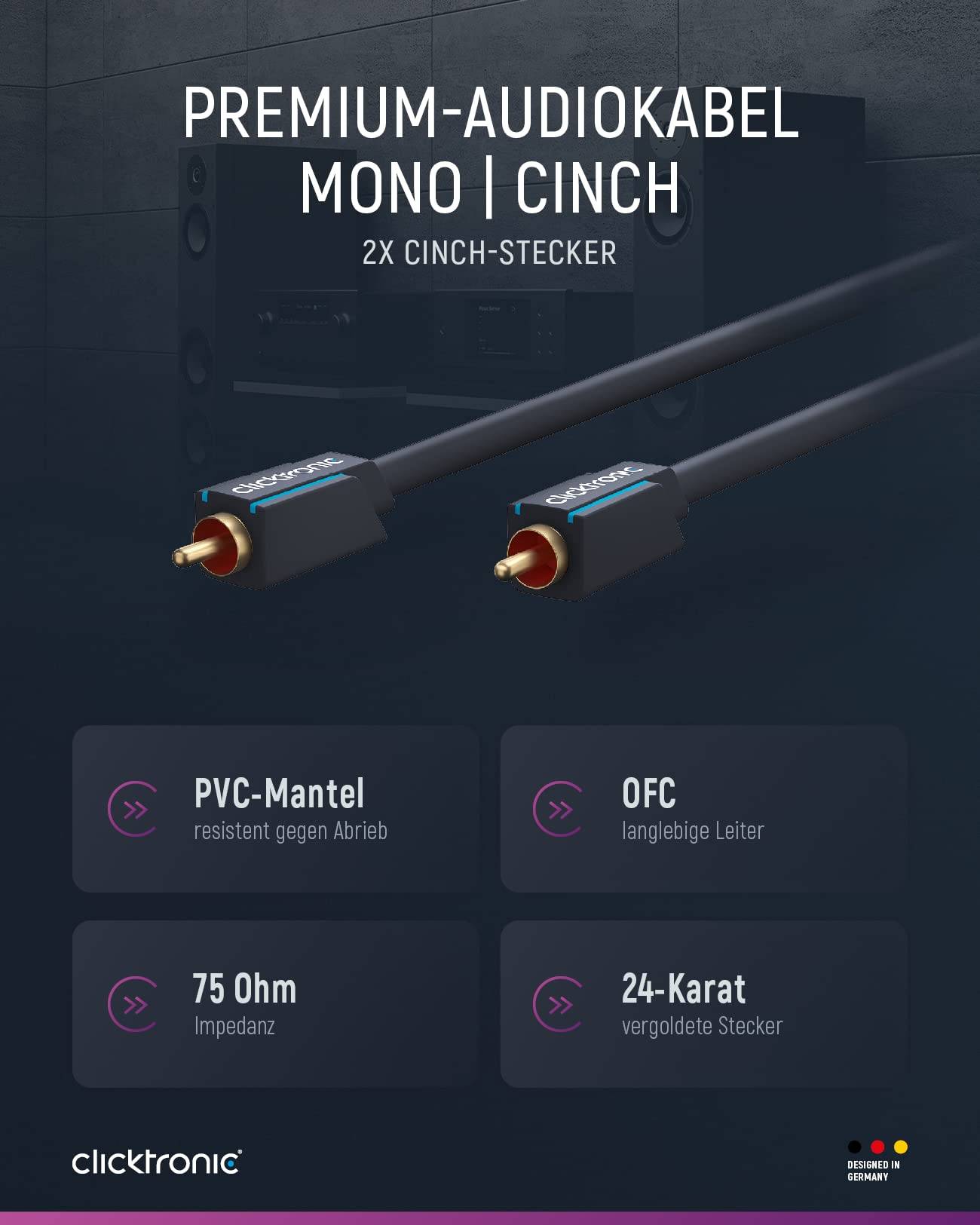 Clicktronic Cinch-Kabel, mono Premium-Kabel | 1x Cinch-Stecker 1x Cinch-Stecker | 2,0 m | OFC-Innenleiter 2 m-1