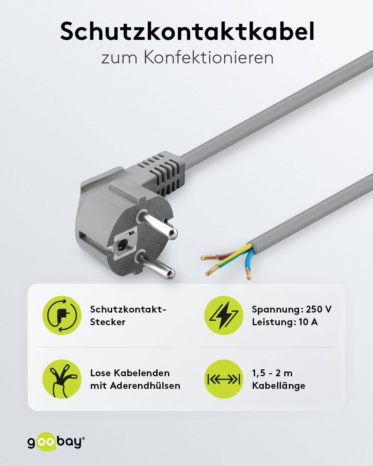 Goobay Angled Protective Contact Cable for Assembly, 2 m, Grey, (3*0.75 mm²)-2