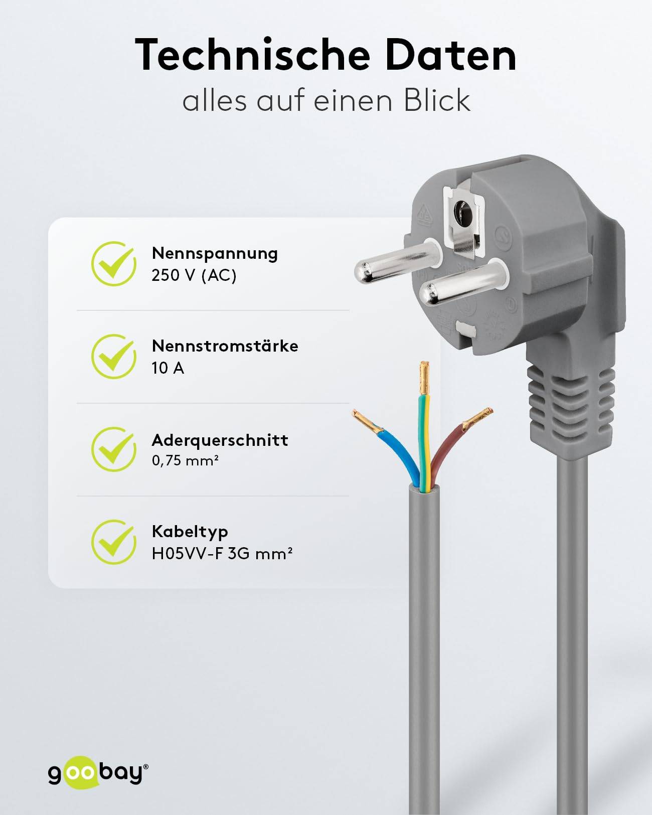 Goobay Angled Protective Contact Cable for Assembly, 2 m, Grey, (3*0.75 mm²)-4