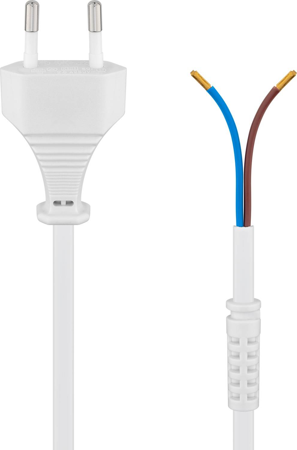 CEE 7/16 - 2-aderig open eind stroomkabel met trekontlasting - 2x 0,75mm / wit - 1,5 meter