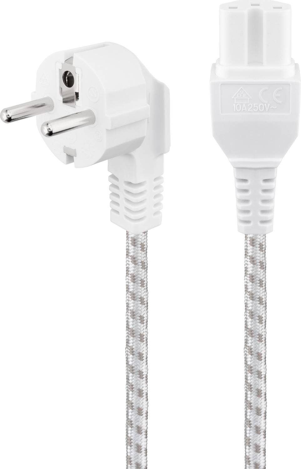 C15 (recht) - CEE 7/7 (haaks) stroomkabel - 3x 0,75mm (rubber/nylon) / wit - 2 meter