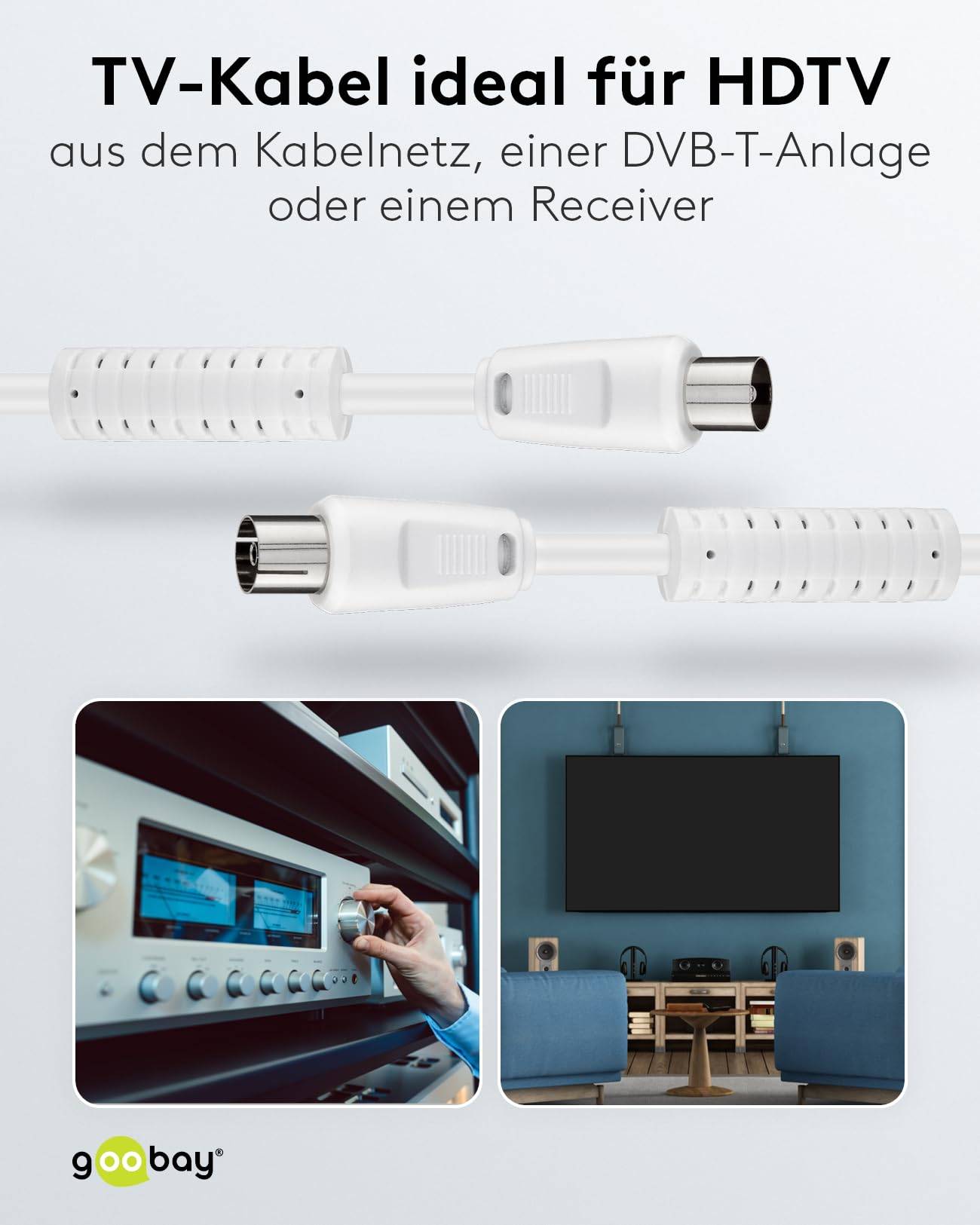 Goobay TV, receiver Aansluitkabel [1x Coax-stekker - 1x Coax-bus] 1.5 m 80 dB Met Ferrietkern Wit-4