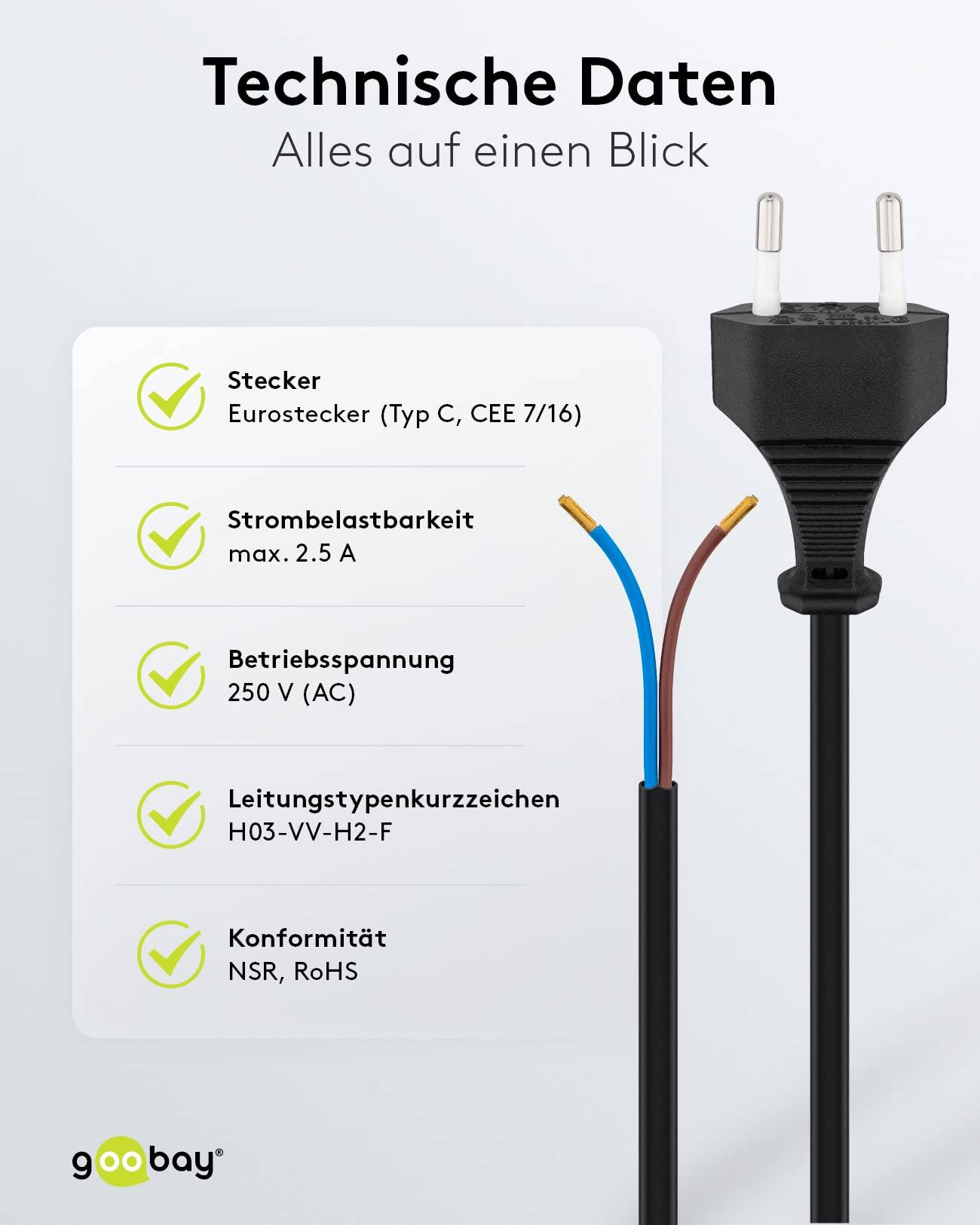 CEE 7/16 - 2-aderig open eind stroomkabel - 2x 0,75mm / zwart - 1,5 meter-2