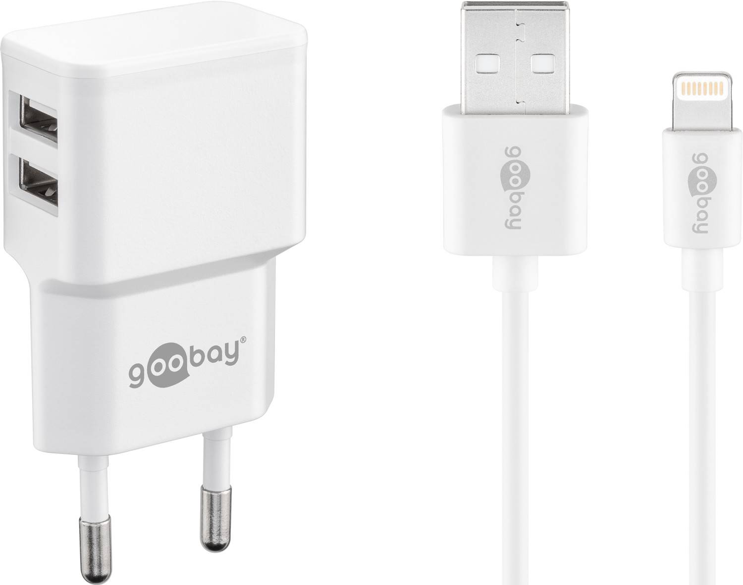 USB-A thuislader met 2 poorten en losse 8-pins Lightning - USB kabel - Smart IC - 2,4A / wit - 1 meter-0