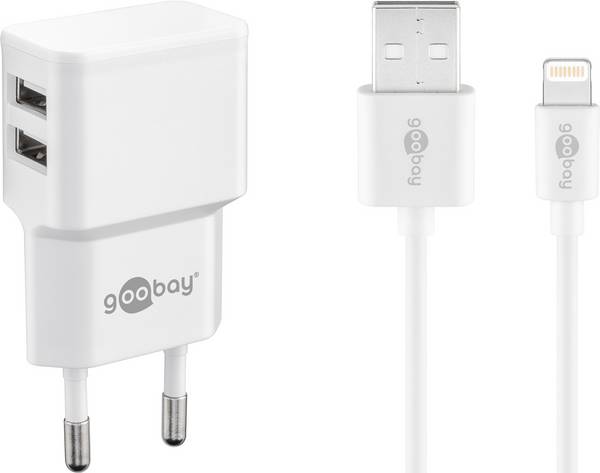 USB-A thuislader met 2 poorten en losse 8-pins Lightning - USB kabel - Smart IC - 2,4A / wit - 1 meter