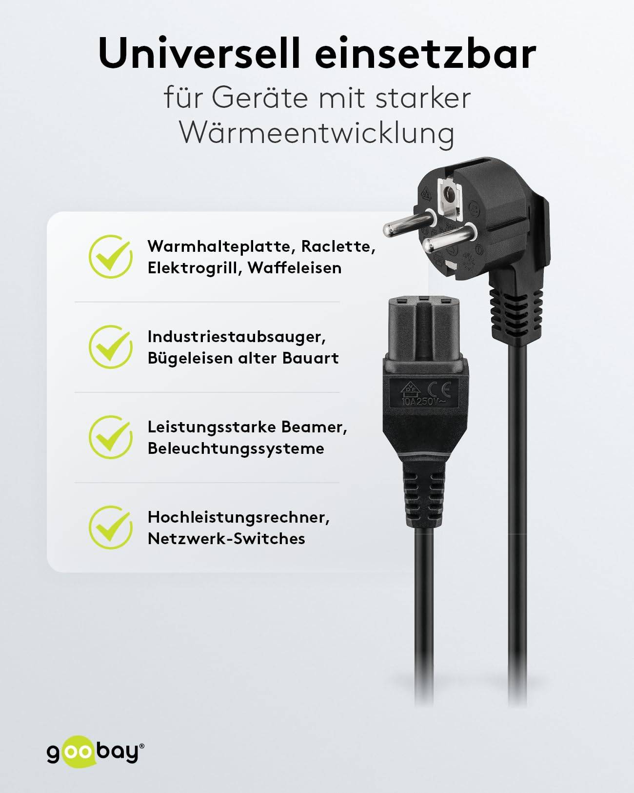 C15 (recht) - CEE 7/7 (haaks) stroomkabel - 3x 0,75mm (rubber) / zwart - 2 meter-3