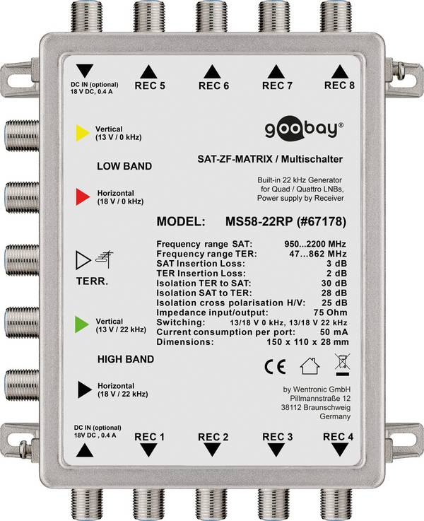 Passieve SAT-multischakelaar met vijf ingangen en acht uitgangen, zonder extra 230 V-voeding, 4K Ultra HD