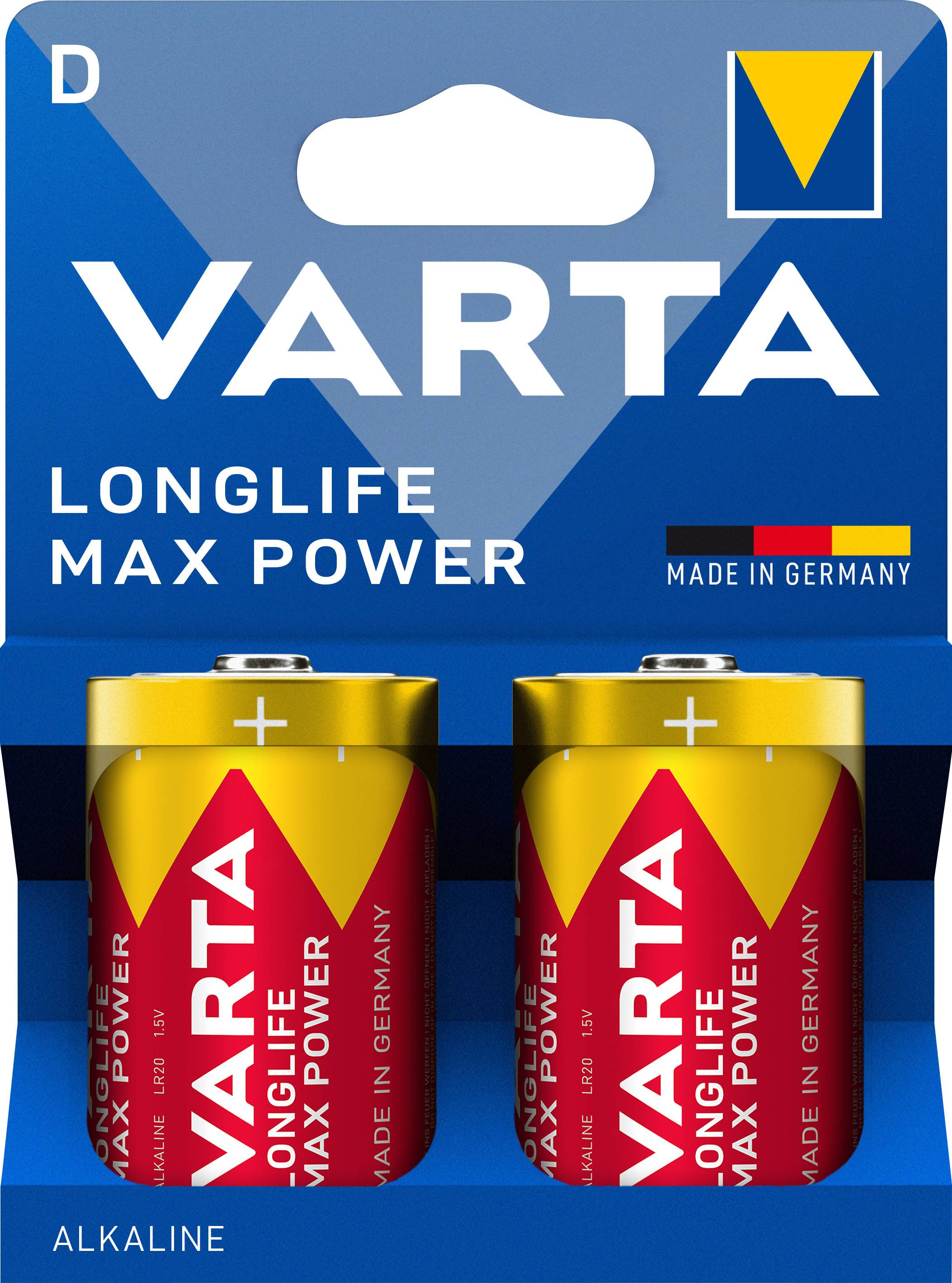 Varta Battery Alkaline, Mono, D, LR20, 1.5V Longlife Max Power, Retail Blister (2 stuks)-0