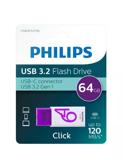USB stick 3.2 Philips Click USB-C 64GB paars-0