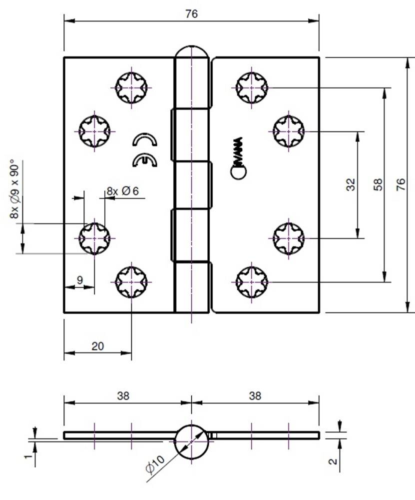 Scharnier Normaal Galv. 76X76 M/Pen Ivana 39380-1