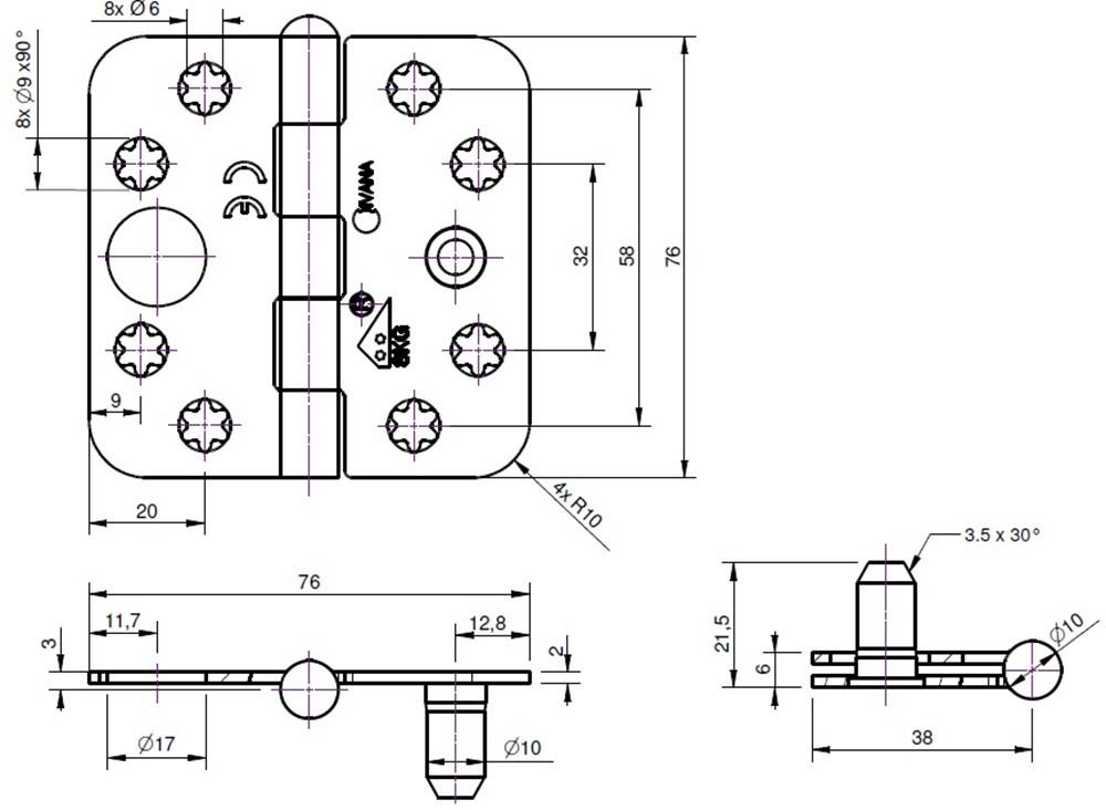 Scharnier Normaal Galv. Rh Vh 76X76 3001 Ivana-1