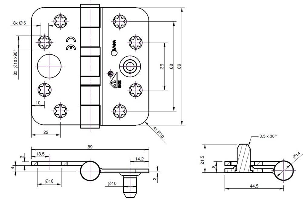 Scharnier Kogel Galv. Rh Vh 89X89 3Mm Ivana 46679-1