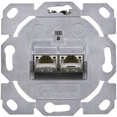 Dubbele netwerkaansluiting met twee Ethernet-poorten, gemonteerd op een metalen frame, geschikt voor wandmontage in een gebouw.