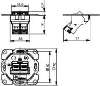 Technische tekening van een elektrische schakelaar met afmetingen: breedte 51 mm, hoogte 36 mm, diameter 70 mm. Bovenaanzicht en zijaanzicht.