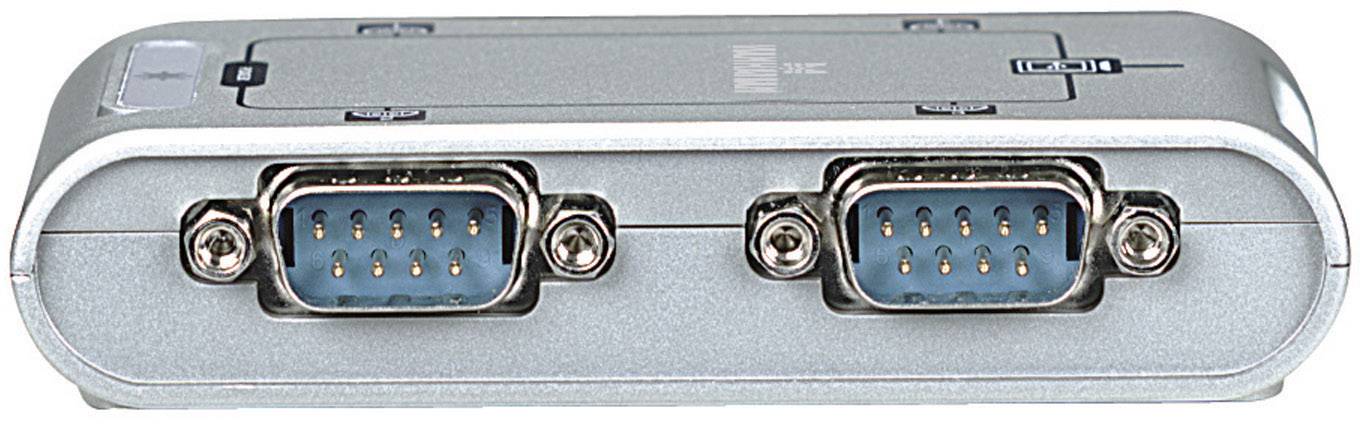 Een zilveren adapter met twee blauwe 9-pins seriële poorten naast elkaar.
