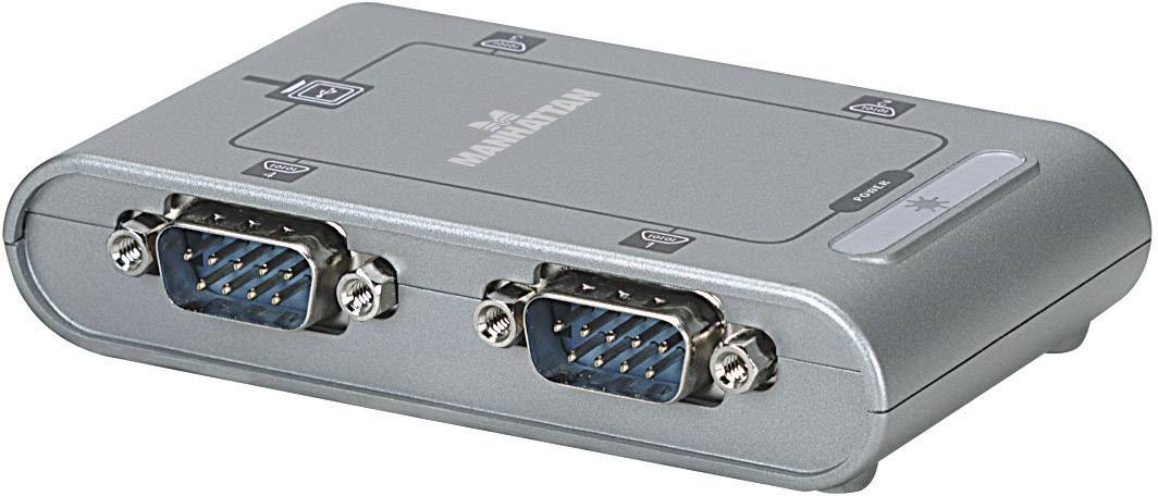 Een zilveren seriële poortadapter met twee VGA-aansluitingen voor het aansluiten van meerdere apparaten.