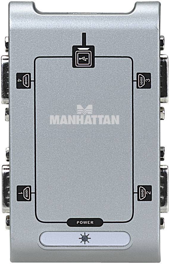 Een grijze KVM-switch van het merk 'Manhattan' met aansluitingen aan de zijkant en een USB-interface bovenop.