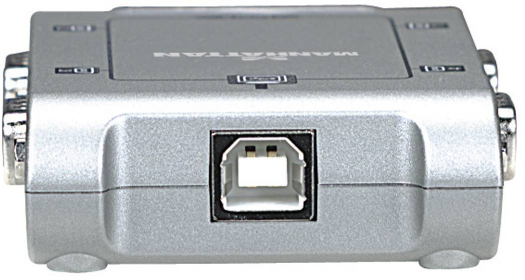 Grijze USB-hub met een vierkante aansluiting en meerdere poorten aan de zijkant.