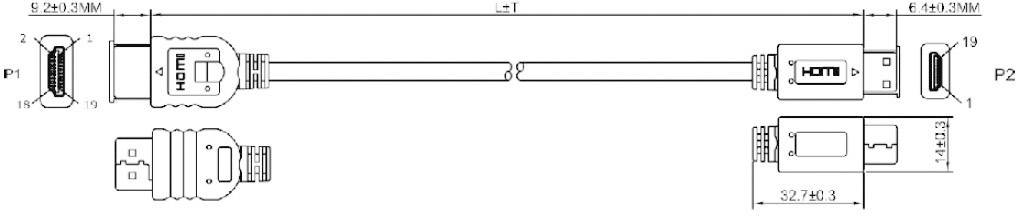Technische tekening van een HDMI-kabel met details over afmetingen en aansluitingen. Toont beide stekkers en kabelloop.