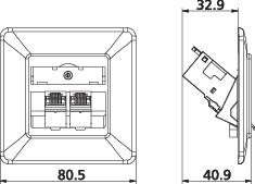 Technische tekening van een stopcontact met voor- en zijaanzicht. Afmetingen: breedte 80,5 mm, diepte 32,9 mm, hoogte 40,9 mm.