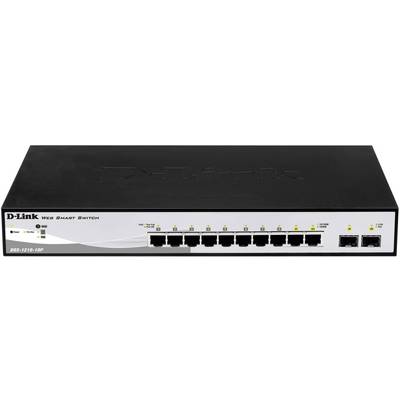 D-Link Web Smart Switch met acht Ethernet-poorten en twee SFP-poorten. Voorkant toont status-LED's voor netwerkbedrijf.