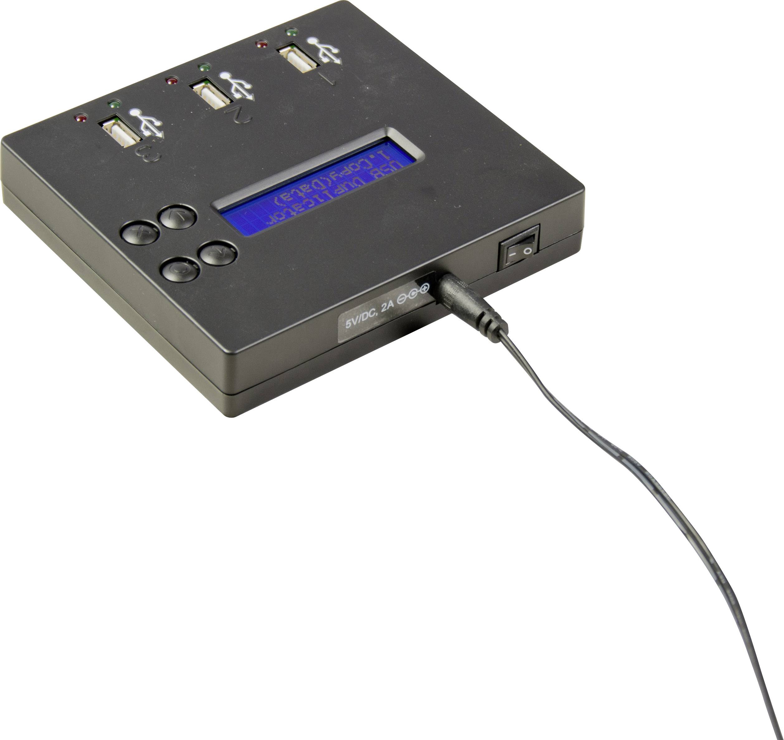 Geprogrammeerde USB-hub met display en bedieningsknoppen, toont gegevens en heeft vier USB-poorten. Stroomkabel aangesloten.
