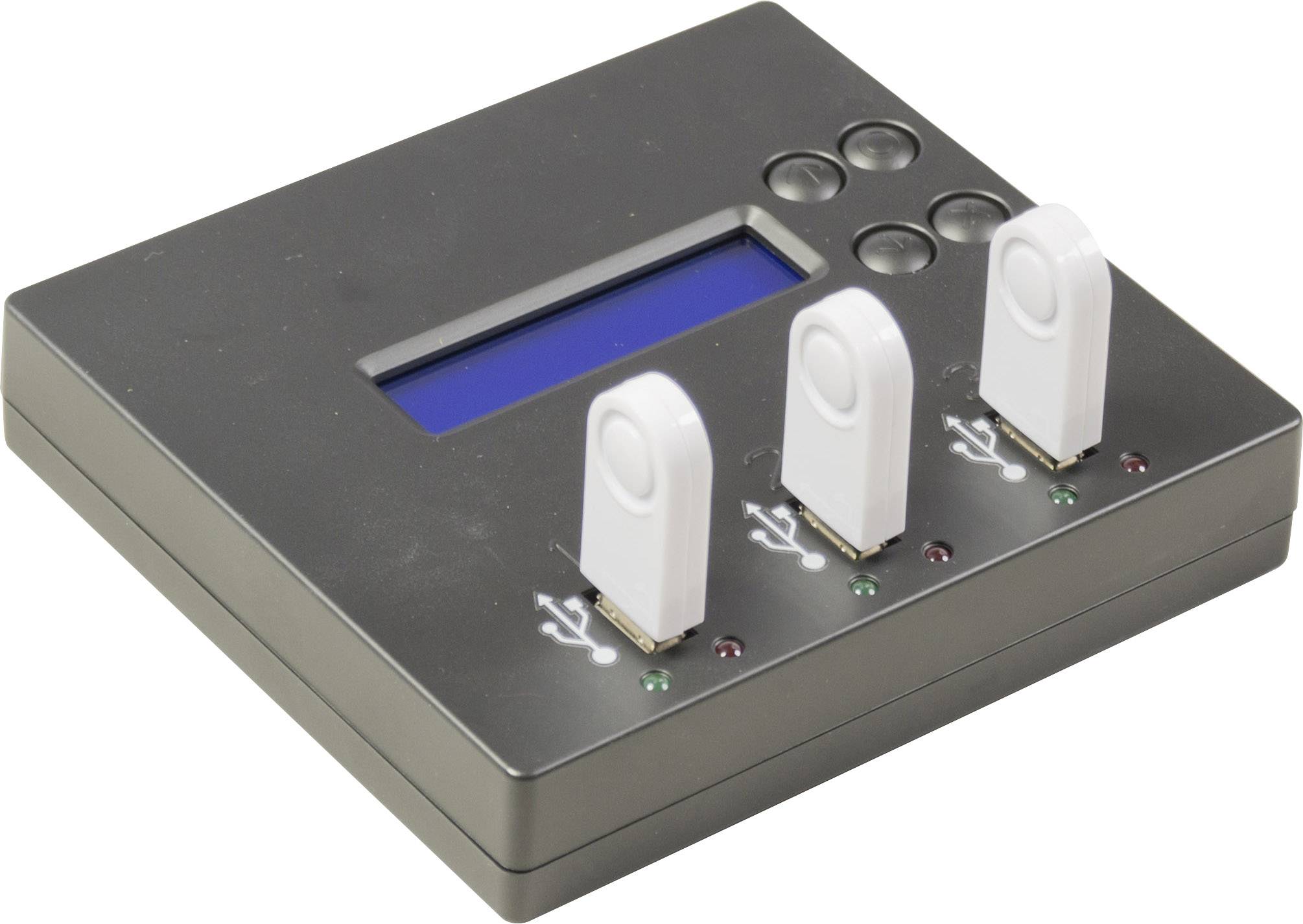 Een elektronisch apparaat met drie witte USB-sticks, een klein display en meerdere toetsen, waarschijnlijk voor gegevensbewaking.