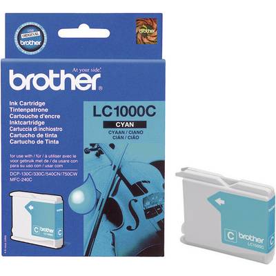 'Brother LC1000C inktcartridge, Cyaan. Compatibel met DCP-130C/330C/540CN/750CW, MFC-240C. Verpakking met afbeelding van een cello.'