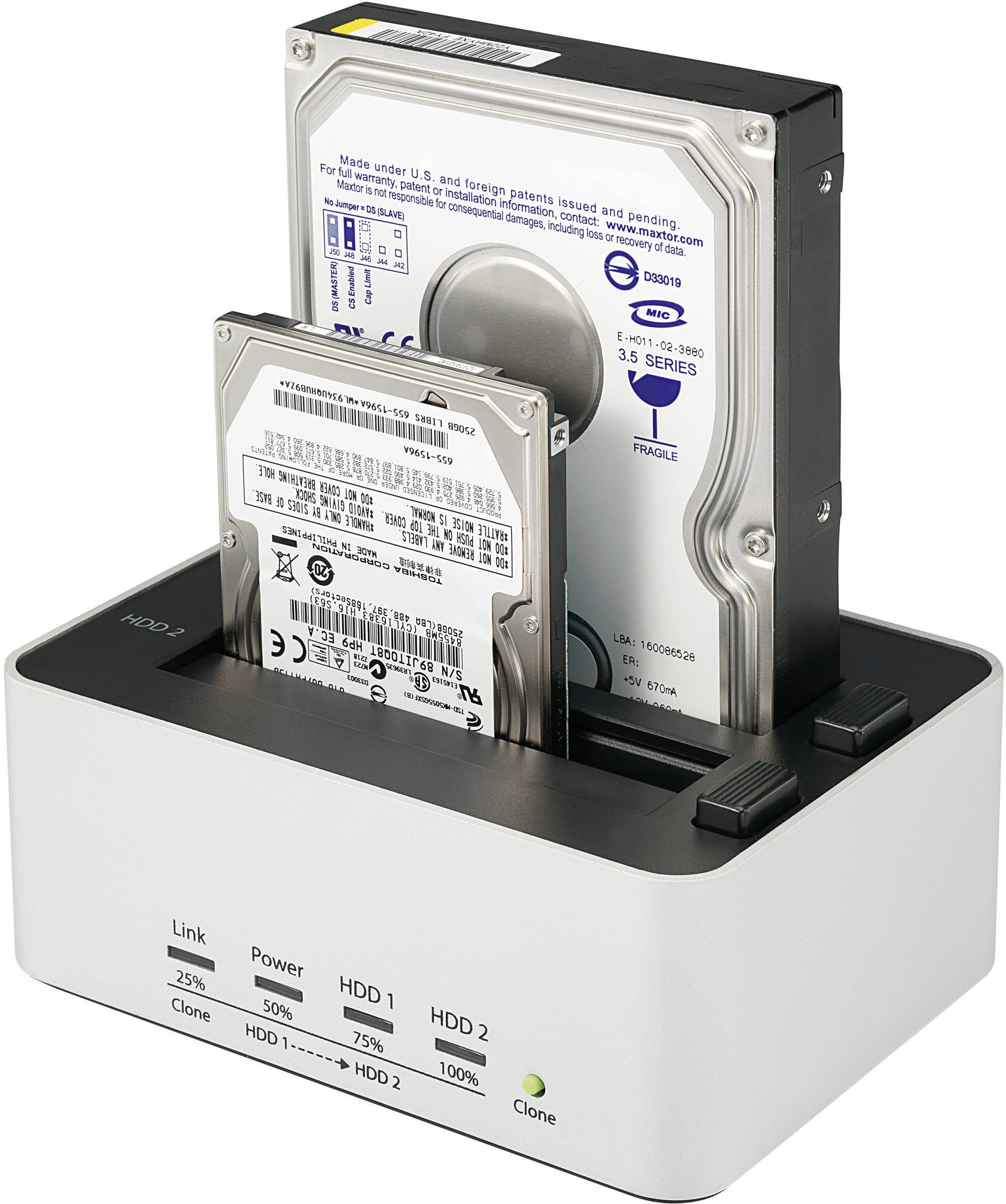 Externe HDD-dockingstation met twee harde schijven. De voorkant toont LED's voor verbinding, voeding en klooningstatus.